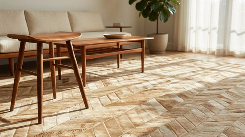 Cowhide rug patchworked into a large rectangular beige and light brown chevron herringbone pattern, styled on the floor of a sunny mid-century modern living room with a wooden stool and coffee table.