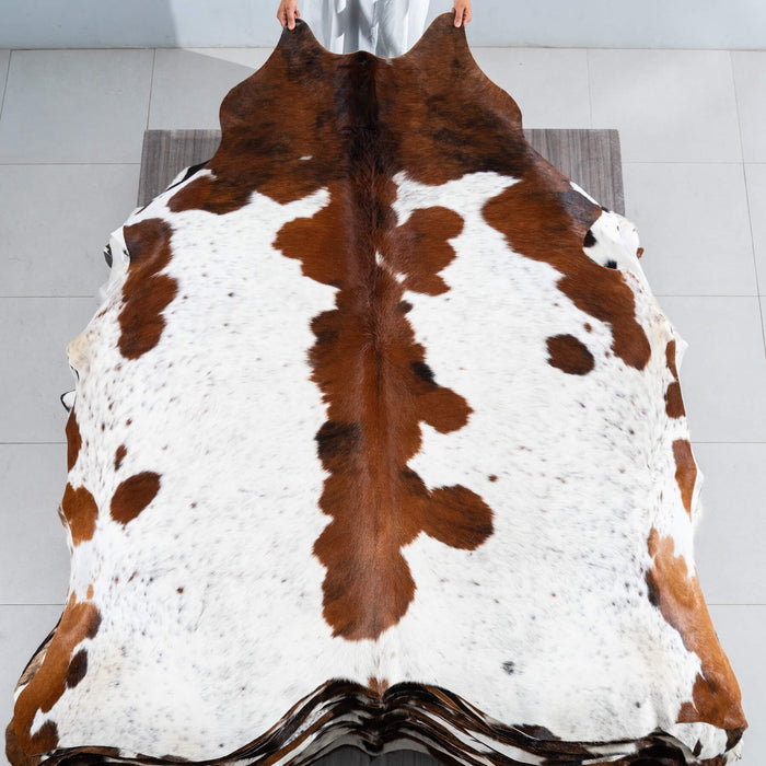 White Tricolor Cowhide Rug Size 7'4" L x 7'1" W 1703