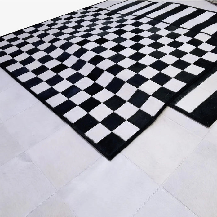 Checkers Black And White Patchwork Cowhide Rug, Anti-Slip Backing | eCowhides