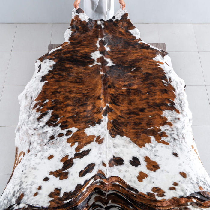 Tricolor Brindle Mix Cowhide Rug Size 7'8" L x 7'3" W 8128