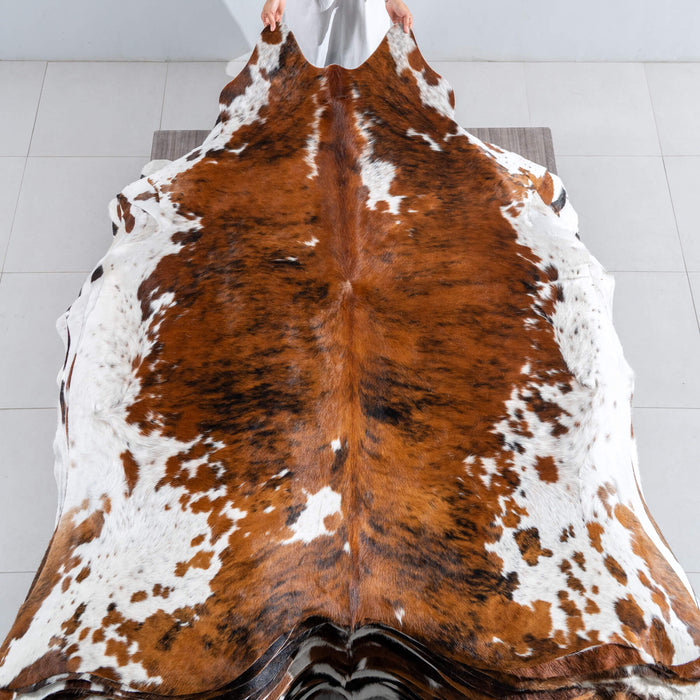 Tricolor Brindle Mix Cowhide Rug Size 7'1" L x 6'9" W 8152