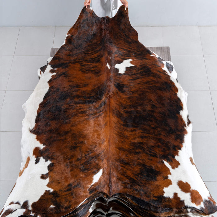 Tricolor Brindle Mix Cowhide Rug Size 8'1" L x 7'3" W 8161