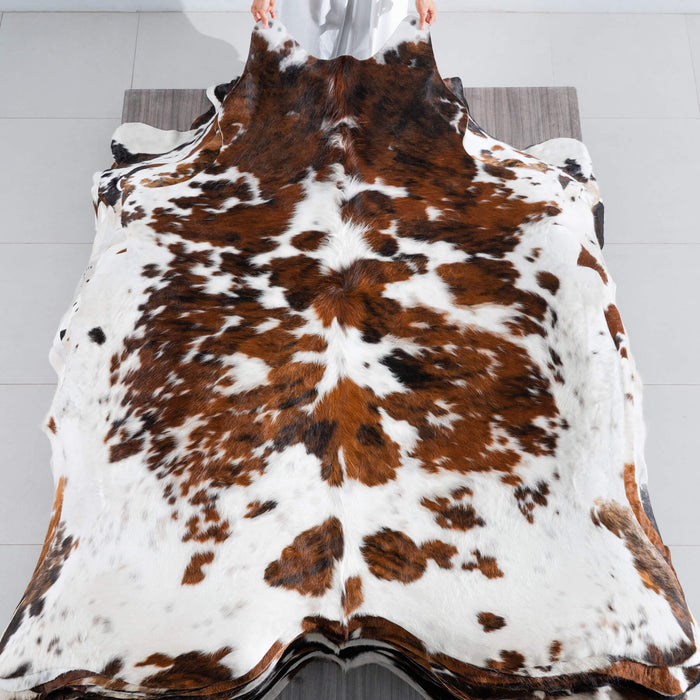 White Tricolor Cowhide Rug Size 7'3" L x 6'8" W 8234