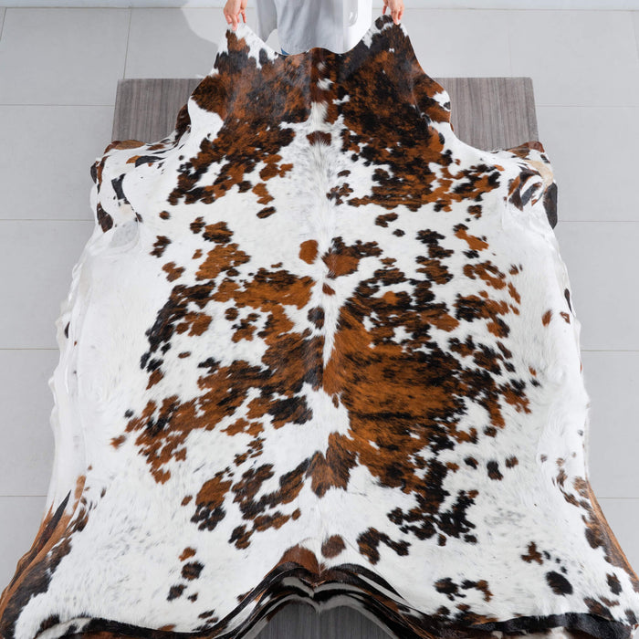 White Tricolor Cowhide Rug Size 7'4" L x 6'10" W 8262