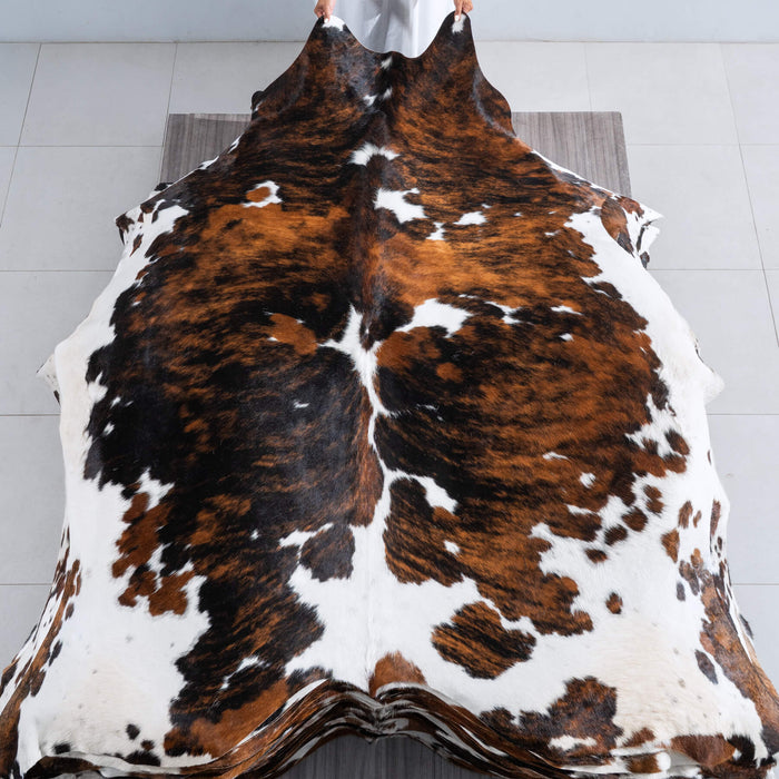 Tricolor Brindle Mix Cowhide Rug Size 7'11" L x 6'11" W 9544