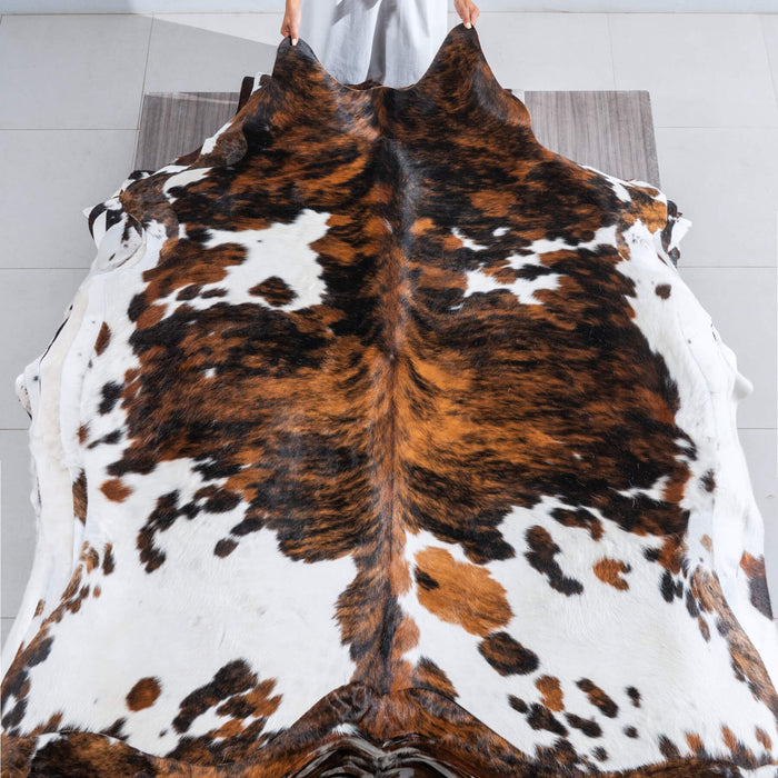 Tricolor Brindle Mix Cowhide Rug Size 6'8" L x 5'11" W 9555