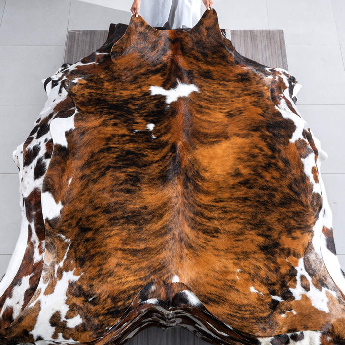 Tricolor Brindle Mix Cowhide Rug Size 6'9" L x 6'3" W 9558