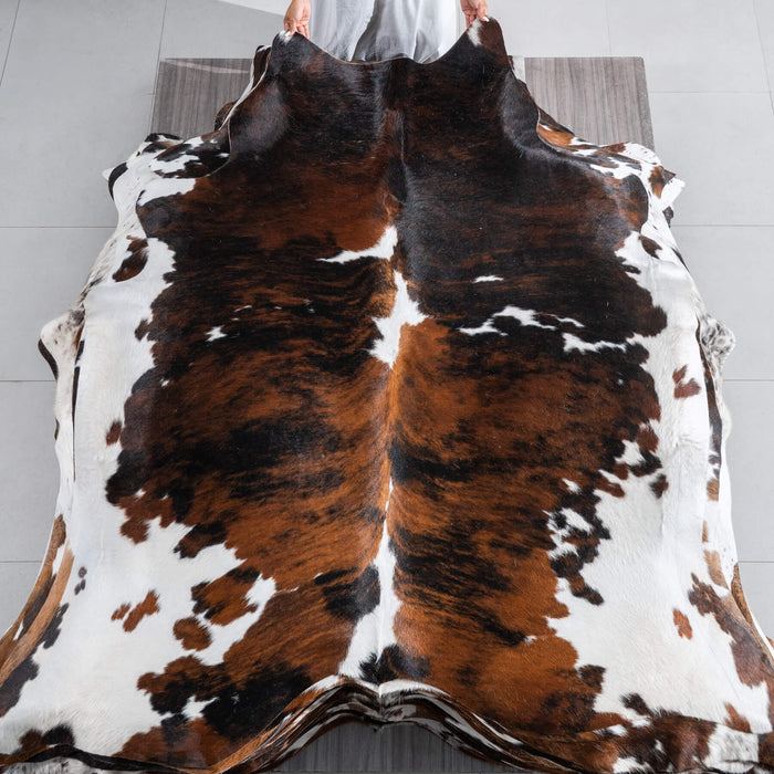 Tricolor Brindle Mix Cowhide Rug Size 6'11" L x 6'4" W 9583