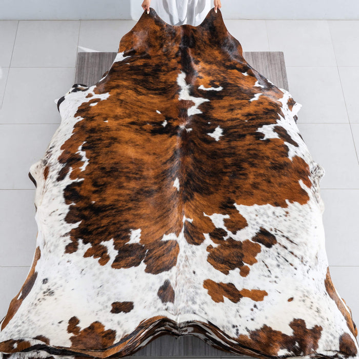 Tricolor Brindle Mix Cowhide Rug Size 8'5" L x 7'5" W 9585