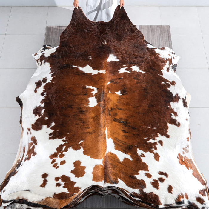 Tricolor Brindle Mix Cowhide Rug Size 7'6" L x 6'8" W 9592
