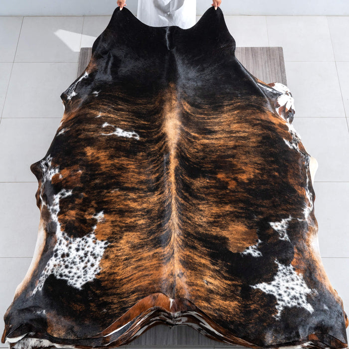 Tricolor Brindle Mix Cowhide Rug Size 8'1" L x 7'3" W 9596
