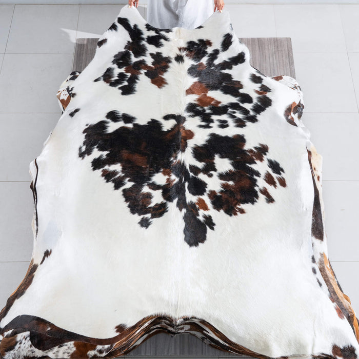 White Tricolor Cowhide Rug Size 7'9" L x 6'8" W 9606