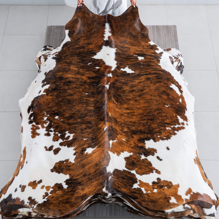 Tricolor Brindle Mix Cowhide Rug Size 7'9" L x 7'3" W 9616