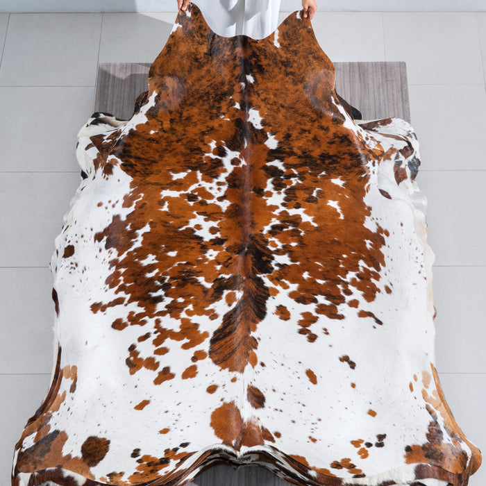 White Tricolor Cowhide Rug Size 7'5" L x 6'9" W 9662