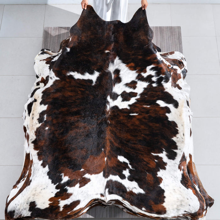 Dark Tricolor Cowhide Rug Size 7'4" L x 6'2" W 9666