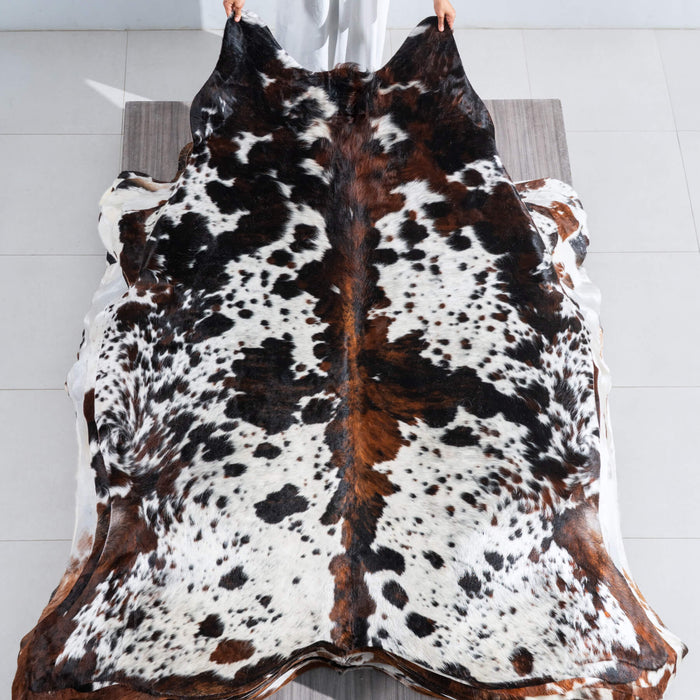 White Tricolor Cowhide Rug Size 7'7" L x 6'8" W 9687
