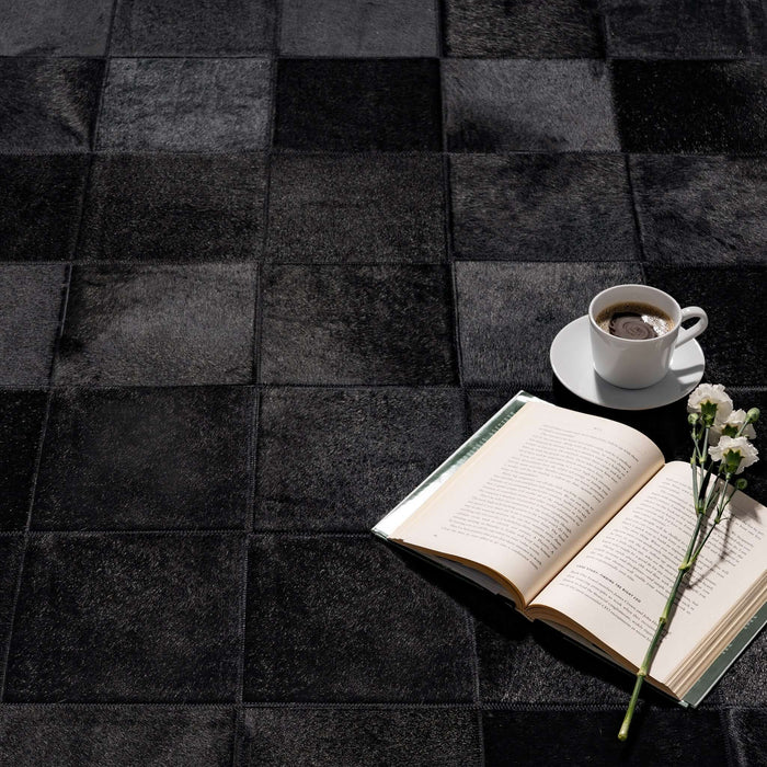 Rhodes Black Cowhide Rug, Natural Suede Leather | eCowhides