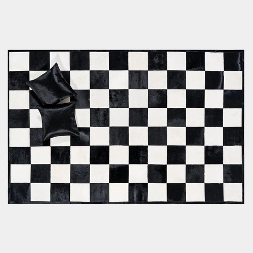 Checkers Black And White Patchwork Cowhide Rug, Anti-Slip Backing | eCowhides