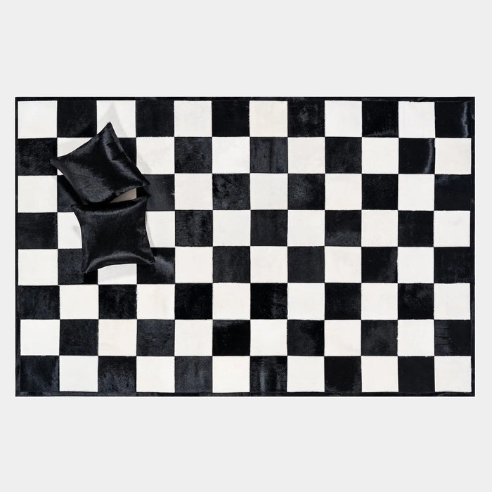 Checkers Black And White Patchwork Cowhide Rug, Anti-Slip Backing | eCowhides