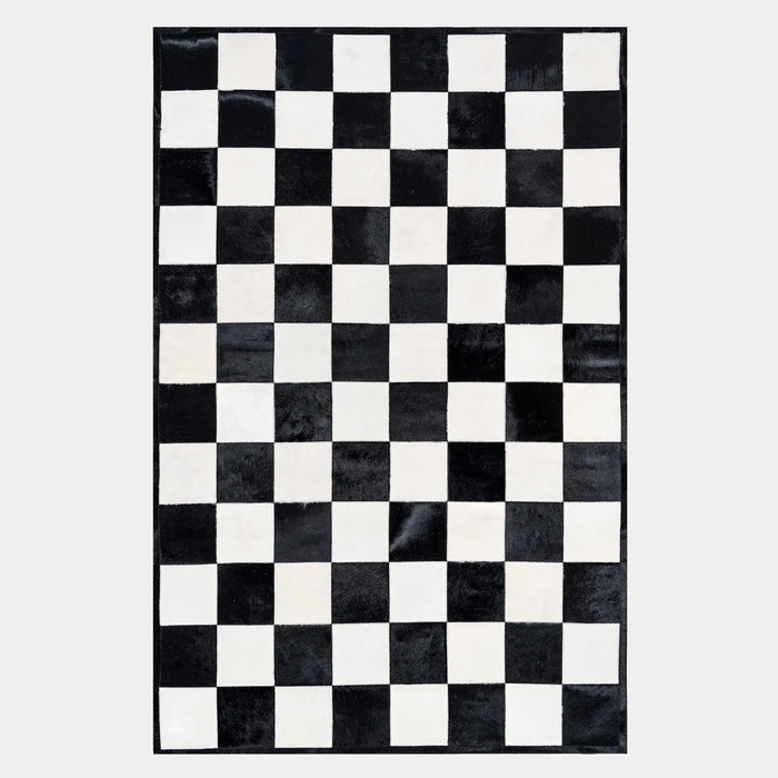 Checkers Black And White Patchwork Cowhide Rug, Anti-Slip Backing | eCowhides
