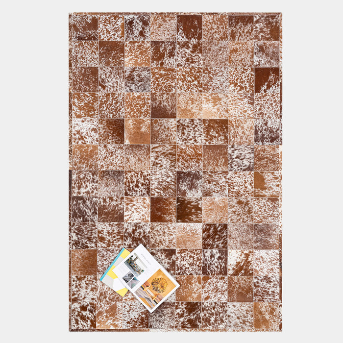 Brown and White Speckled Cowhide Patchwork Rug