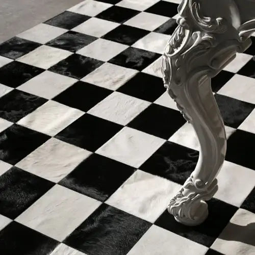 Checkers Black And White Patchwork Cowhide Rug, Anti-Slip Backing | eCowhides