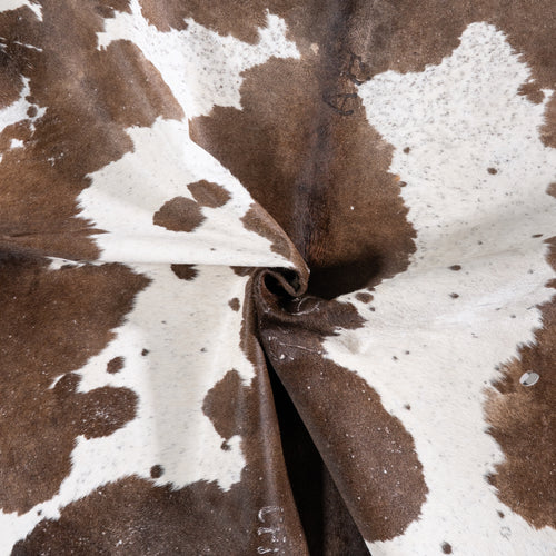 Vintage Chocolate and White Cowhide Rug Size 7'6" L x 6'1" W 5509