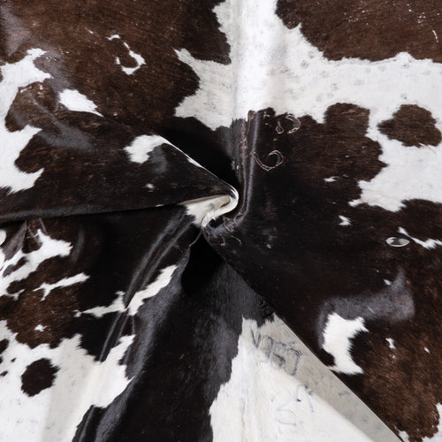 Vintage Chocolate and White Cowhide Rug Size 7'5" L x 6'4" W 5515