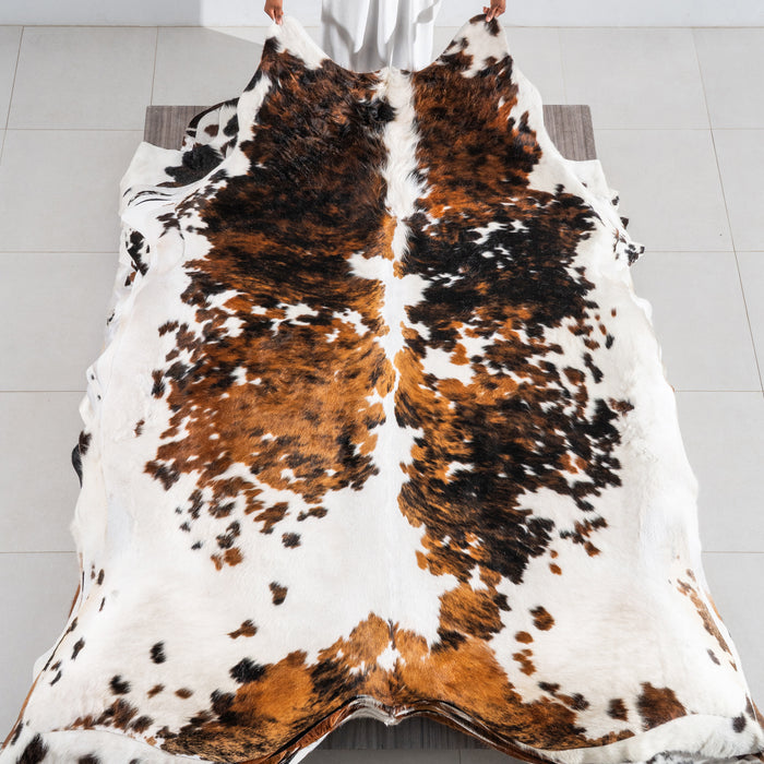 White Tricolor Cowhide Rug Size 7'10" L x 7'1" W 6429