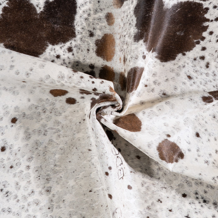 Vintage Chocolate and White Cowhide Rug Size 7'2" L x 6'5" W 5598