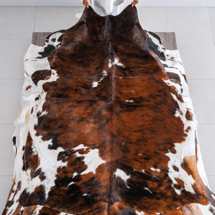 Tricolor Brindle Mix Cowhide Rug Size 7'4" L x 6'0" W 6498