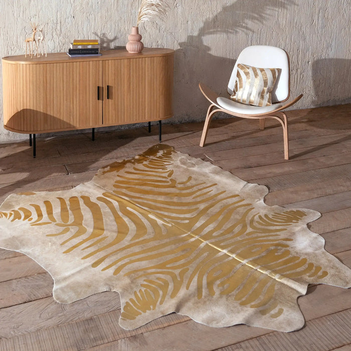 Zebra Gold Metallic Cowhide Rug , Natural Suede Leather | eCowhides