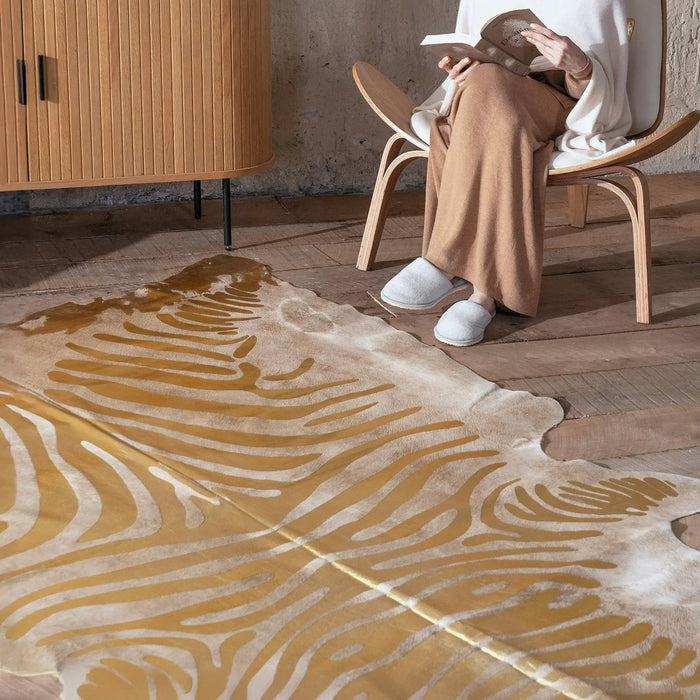 Zebra Gold Metallic Cowhide Rug , Natural Suede Leather | eCowhides