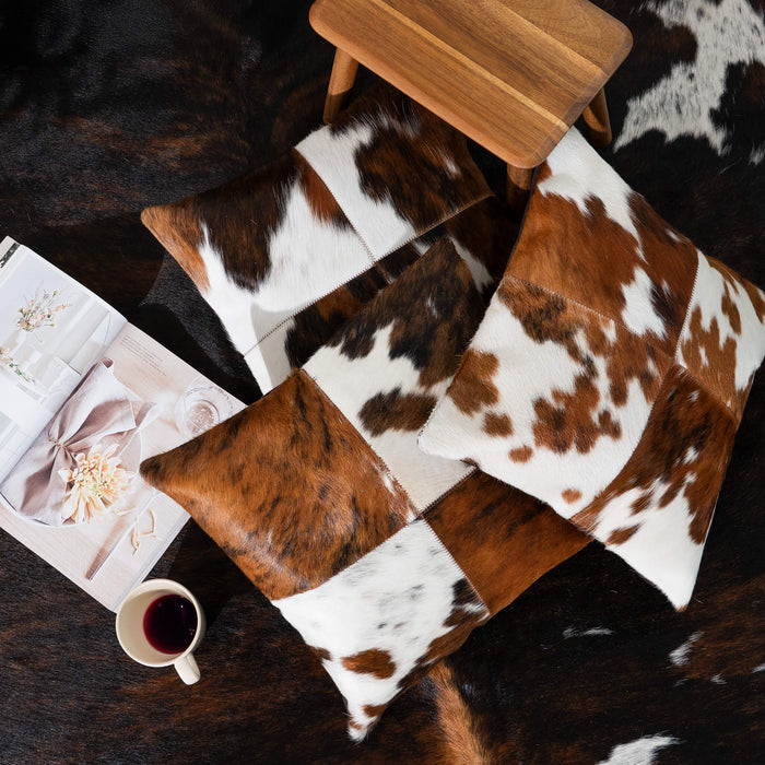 Tricolor Cowhide Patchwork Pillow - Four Panel Design