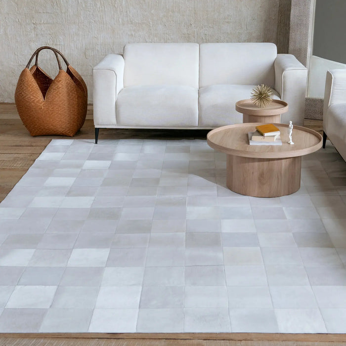 Rhodes White Cowhide Rug, Natural Suede Leather | eCowhides
