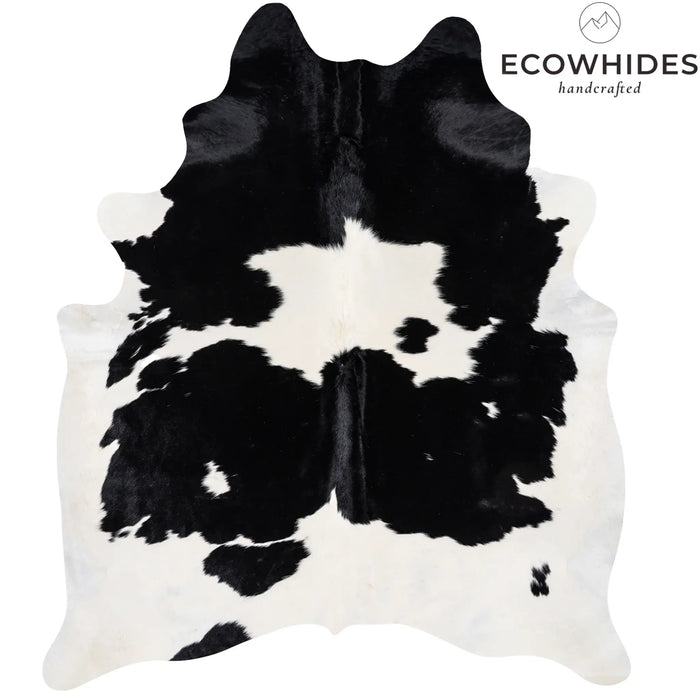 Black and white cowhide rug with 'Ecowhides' branding on a white background