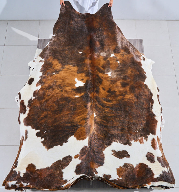 Tricolor Brindle Mix Cowhide Rug Size 8'5" L x 7'4" W 2814