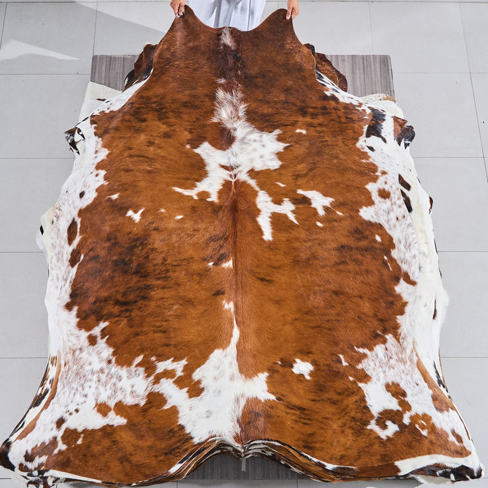Tricolor Brindle Mix Cowhide Rug Size 7'4" L x 6'9" W 2845
