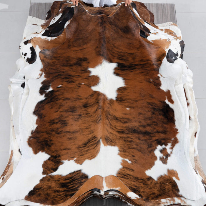 Tricolor Brindle Mix Cowhide Rug Size 6'7" L x 6'2" W 2904