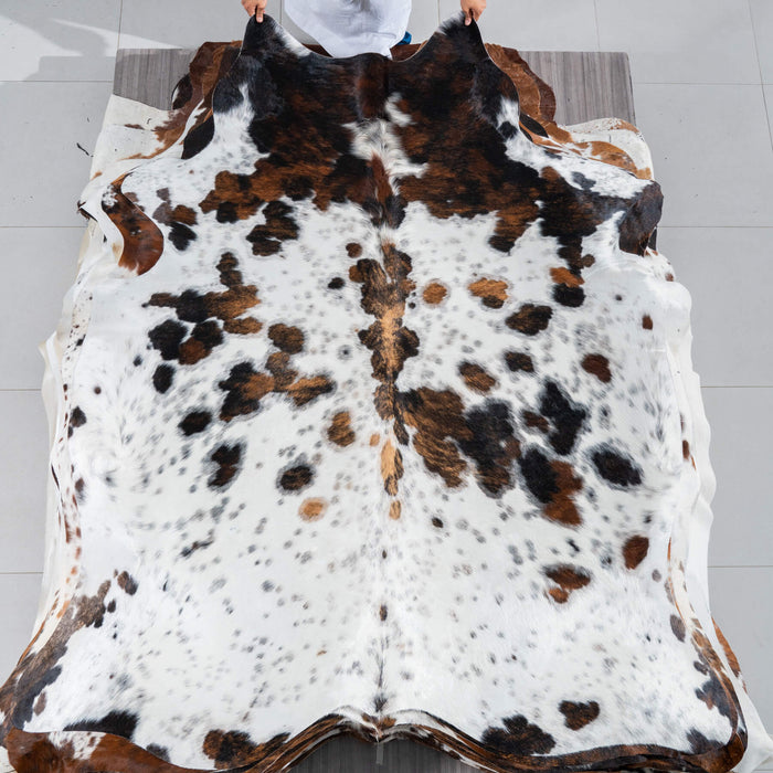 White Tricolor Cowhide Rug Size 7'3" L x 6'2" W 2914