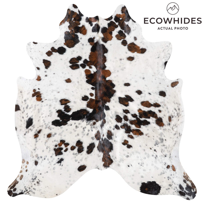 White Tricolor Cowhide Rug Size 7'6" L x 7'1" W 9416