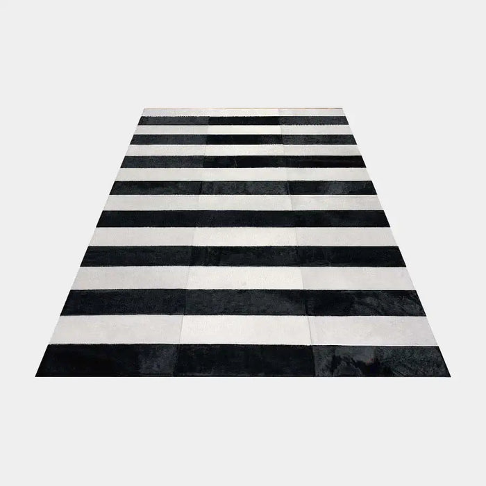 Black And White Line Patchwork Cowhide Rug, Anti-Slip Backing | eCowhides
