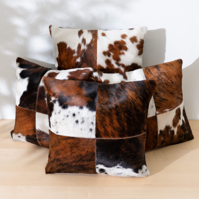 Tricolor Cowhide Patchwork Pillow - Four Panel Design