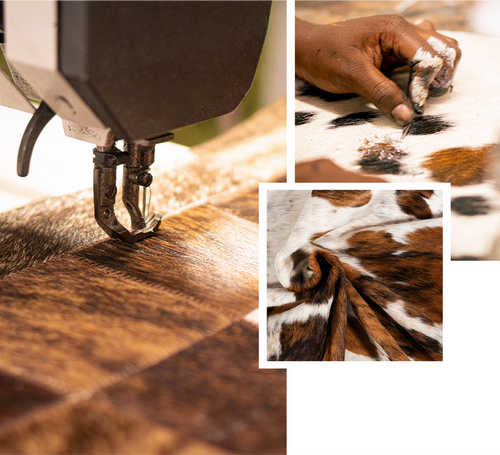 Collage of a sewing machine needle on fabric, a hand working with fur, and close-up of fur texture.