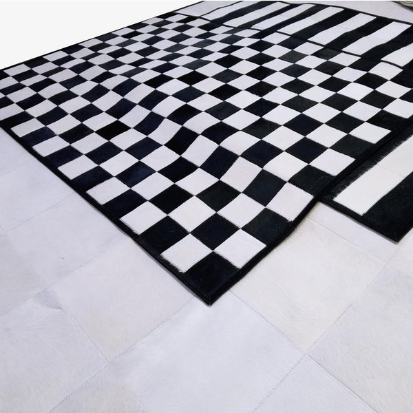 Checkers Black And White Patchwork Cowhide Rug , Anti-Slip Backing | eCowhides
