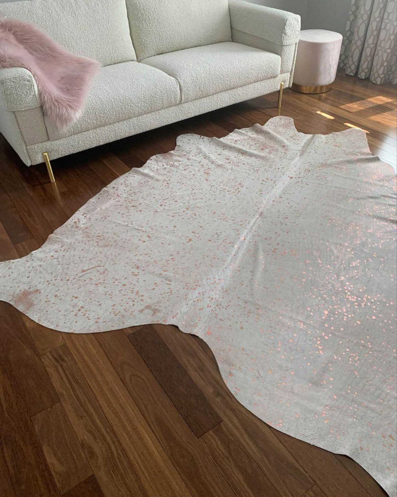 Gold Metallic On White Cowhide Rug , Natural Suede Leather | eCowhides