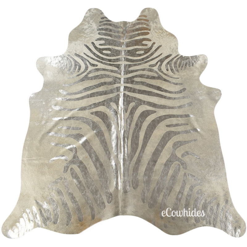Zebra Silver Metallic On Off White Cowhide Rug , Natural Suede Leather | eCowhides
