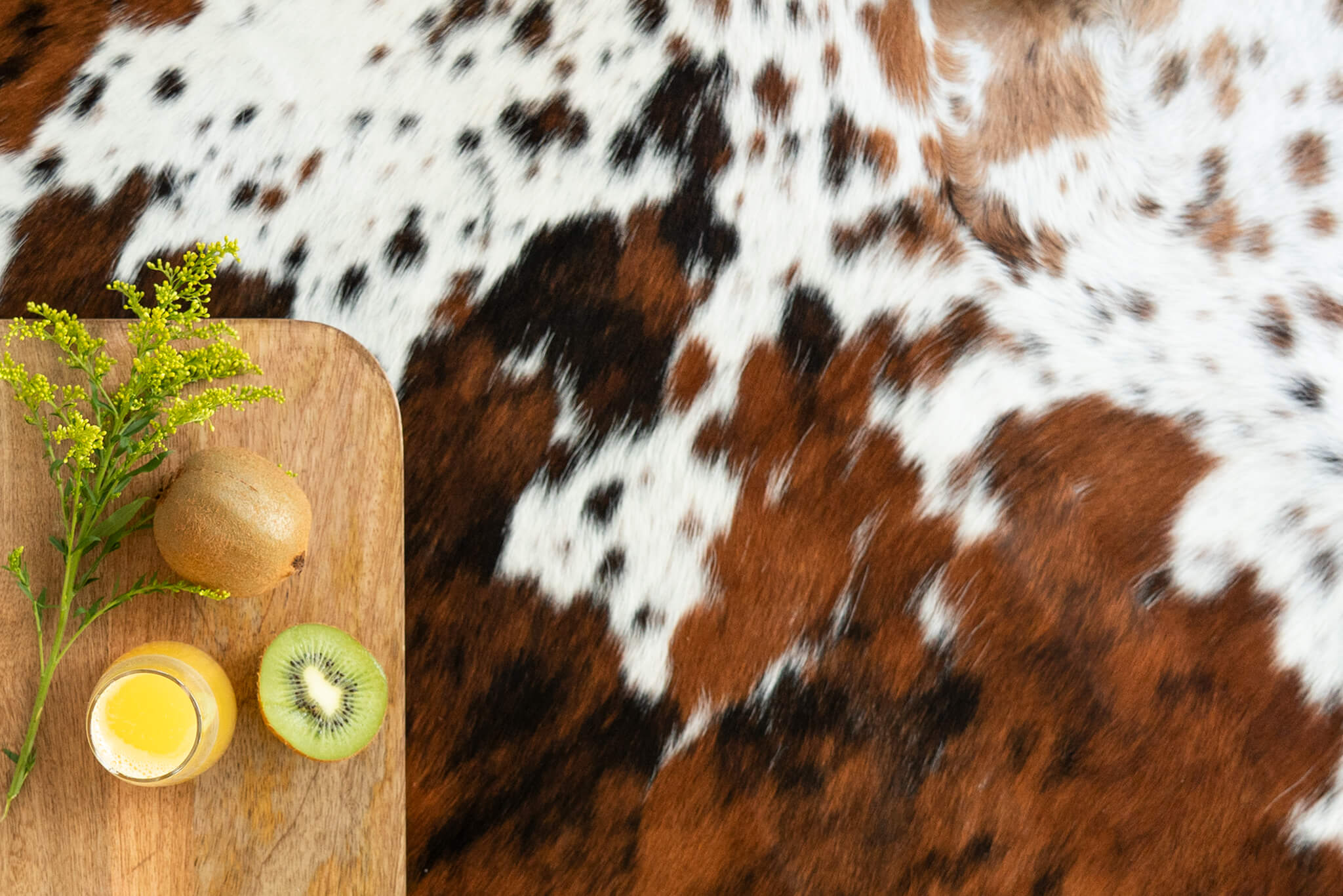 Cowhide texture detail: An overhead close-up shot of a tricolor brown, black, and white salt-and-pepper pattern cowhide rug. A wooden serving board with fresh kiwis and juice rests on the side, highlighting the natural hair-on-hide texture.