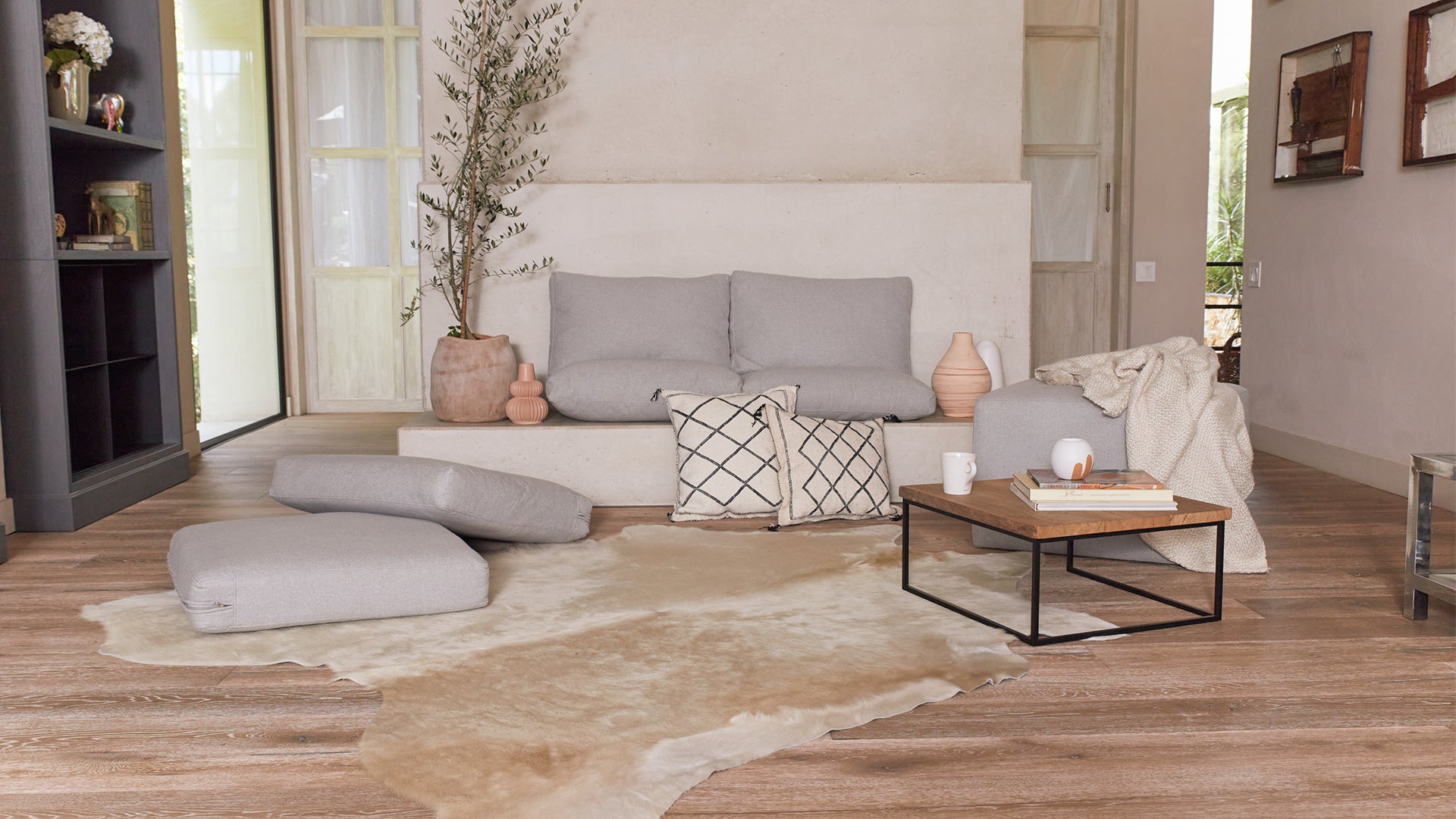 Stylish Living Room Decor Featuring a Chic Cowhide Rug