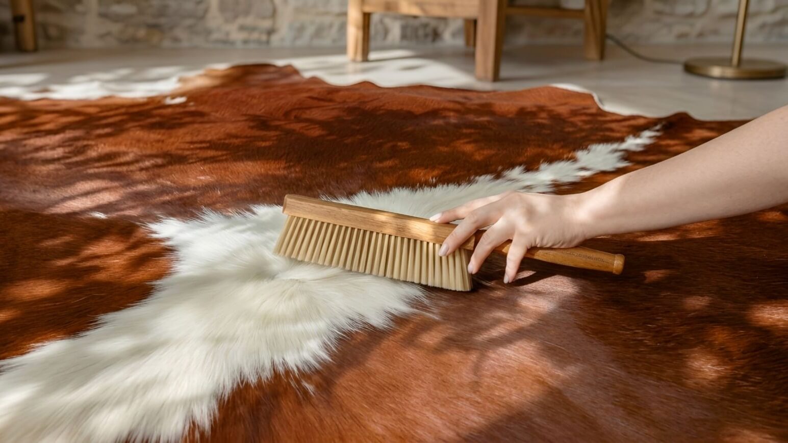 Cowhide rug cleaning scene showcasing a wooden bristle brush smoothing a rich reddish-brown hide with a distinct white stripe.   